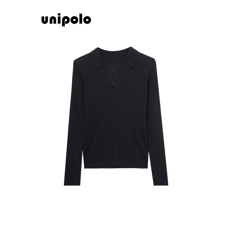UNIPOLO（山羊绒/可机洗）时尚小翻领女士针织打底衫显瘦气质长袖