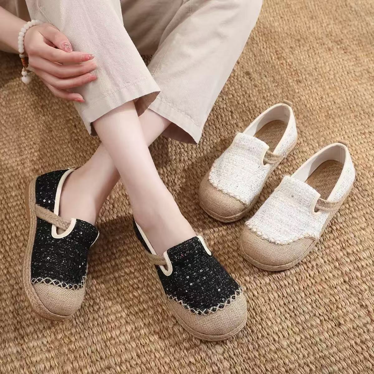 内增高透气民族风中老年厚底亮片小香风舒适休闲夏季软底包头平底