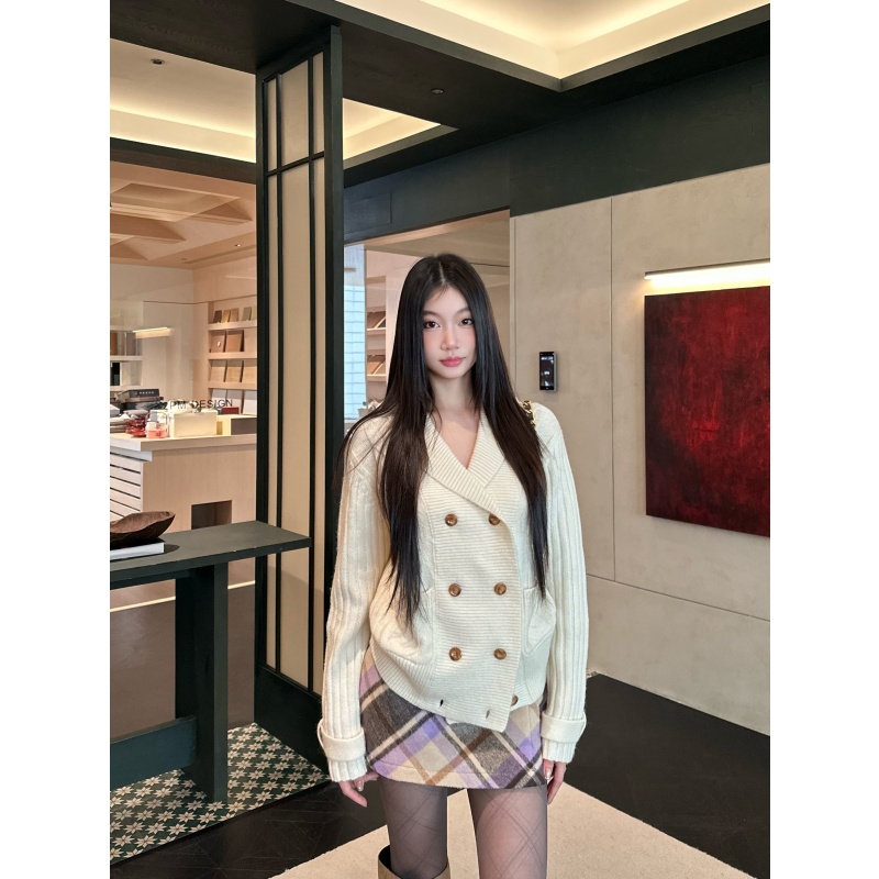 withmin凉皮 秋冬白色翻领双排扣麻花针织宽松百搭外套J2600550