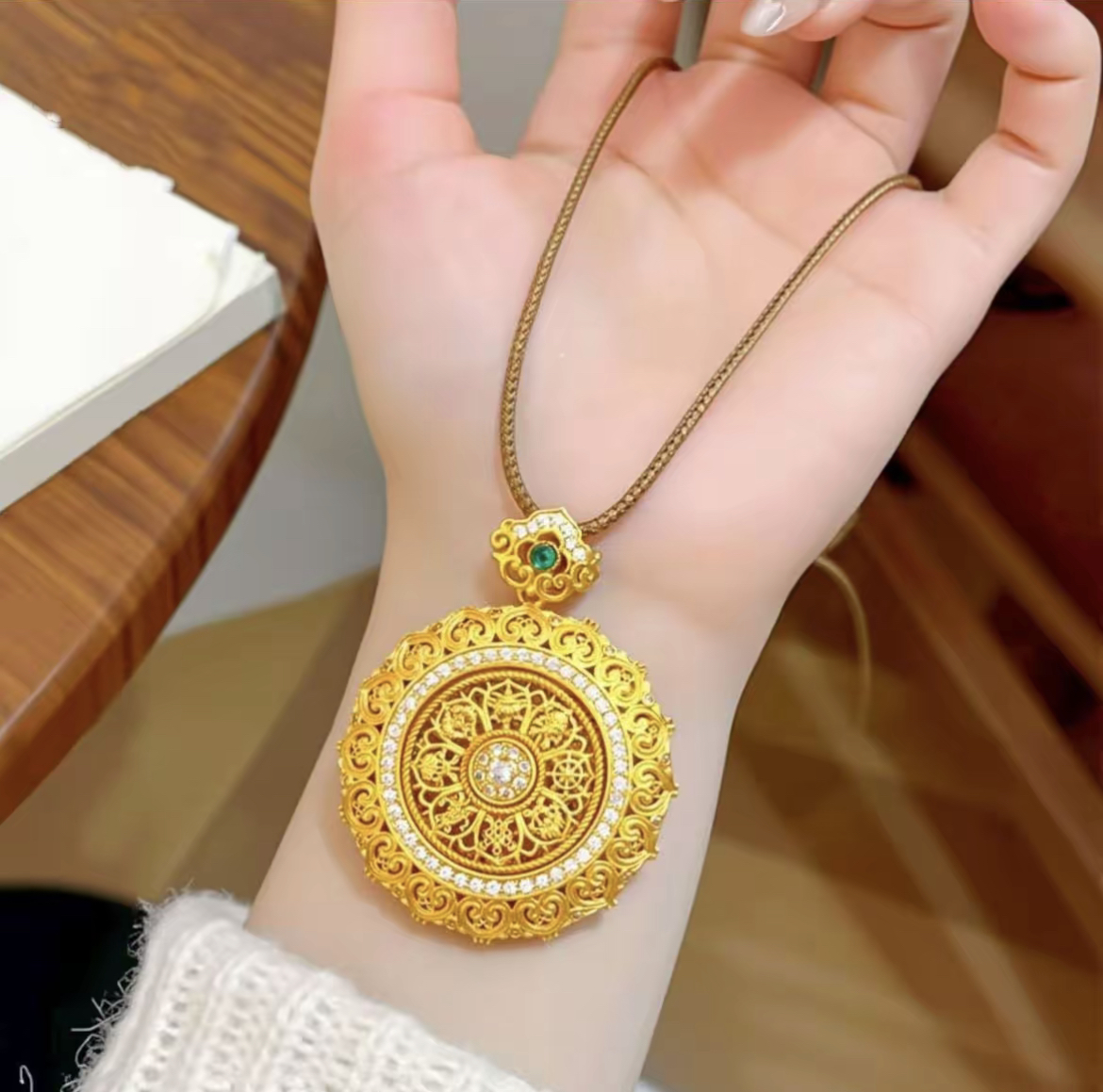 铜合金吊坠 点钻花丝如意可转动八宝罗盘吊坠项链国风送女友礼物