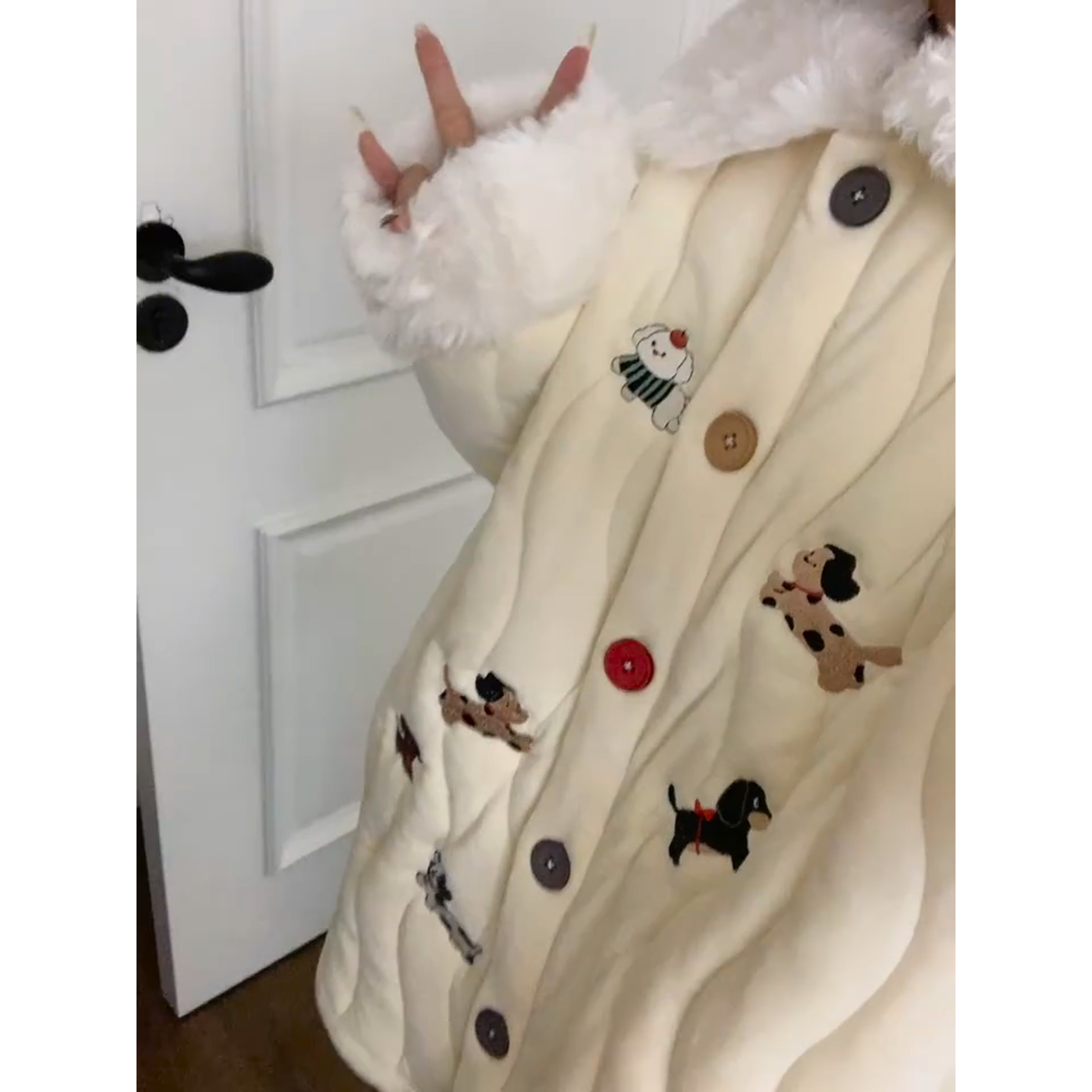 可爱小狗印花夹棉睡衣女秋冬季加厚翻领毛绒绒棉服保暖家居服套装