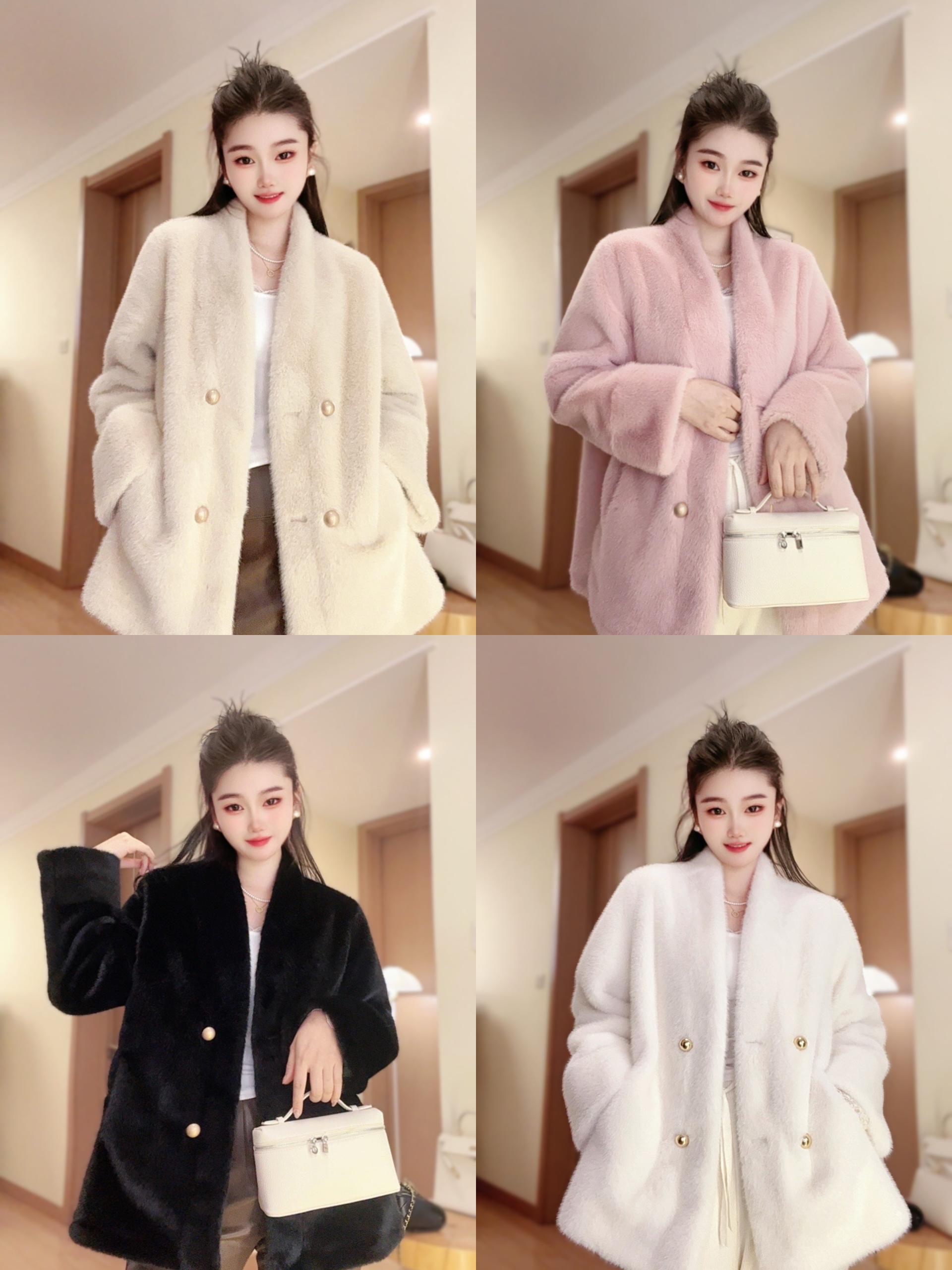 新款V领外套中长款环保毛毛一体时尚百搭气质秋冬