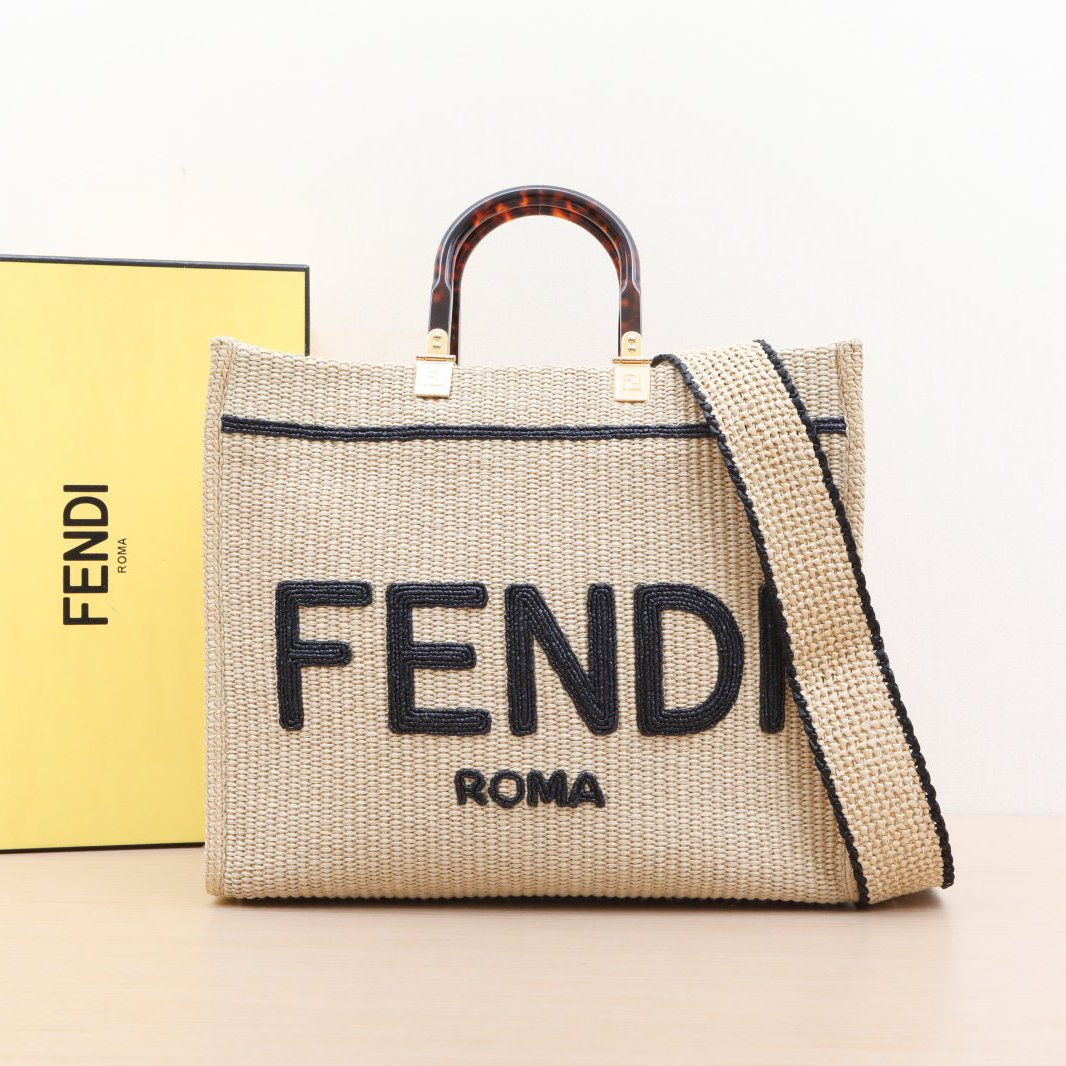 95新 FENDI/芬迪 活动黑黑 阳光购物手提袋 中号草编 编织