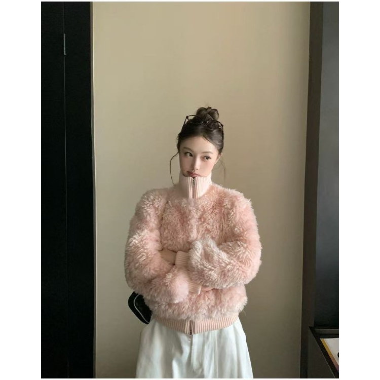 韩版秋冬短款宽松休闲绒绒奶芙毛拼接针织罗纹保暖外套女 60061