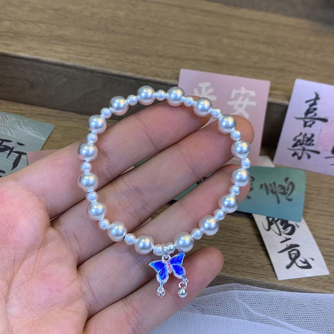 足银手链 足银999《春日蝴蝶》珐琅蝴蝶古法圆珠高级感时尚送女朋友