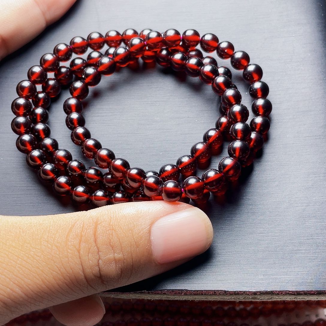 石榴石手链未镶嵌凝*6.0MM毕业级酒红三圈天花板