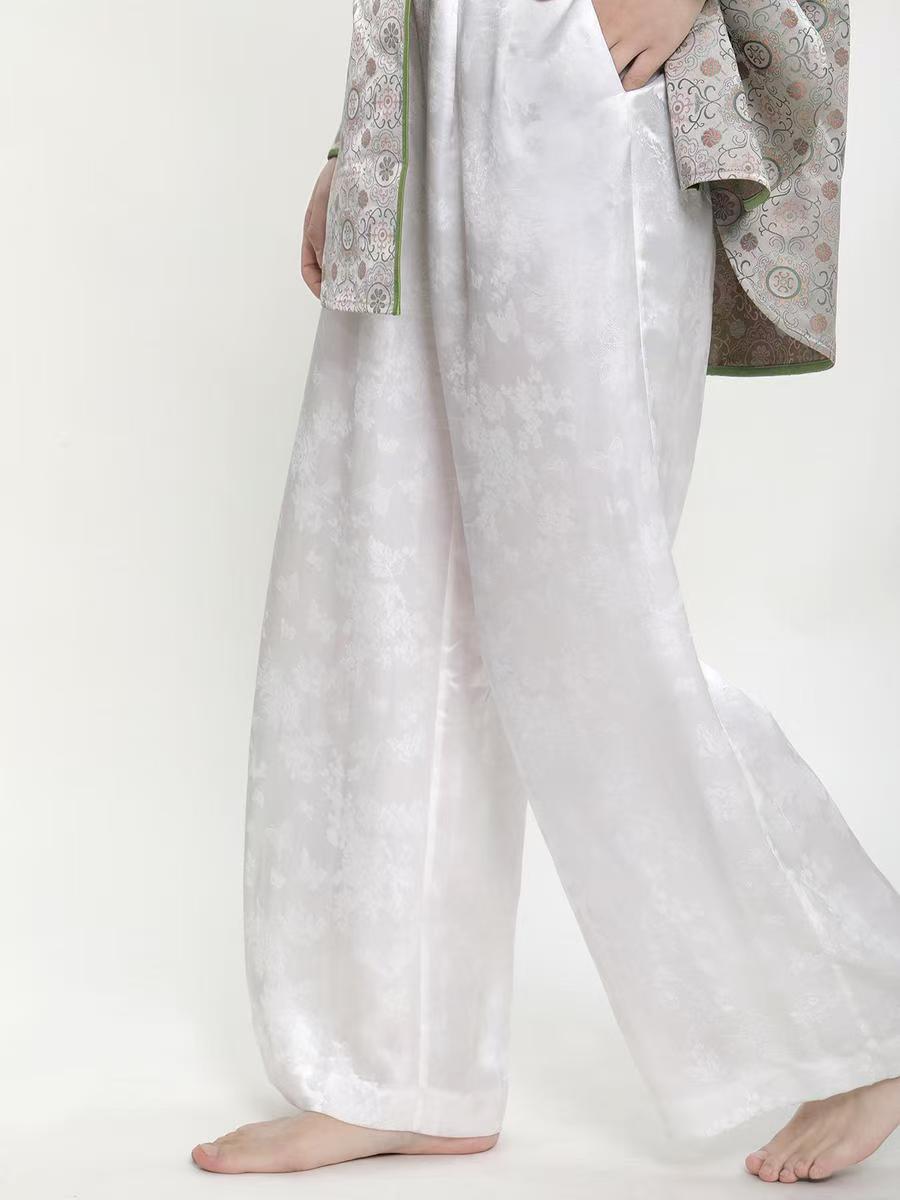 盛唐牡丹真丝提花阔腿裤平板腰