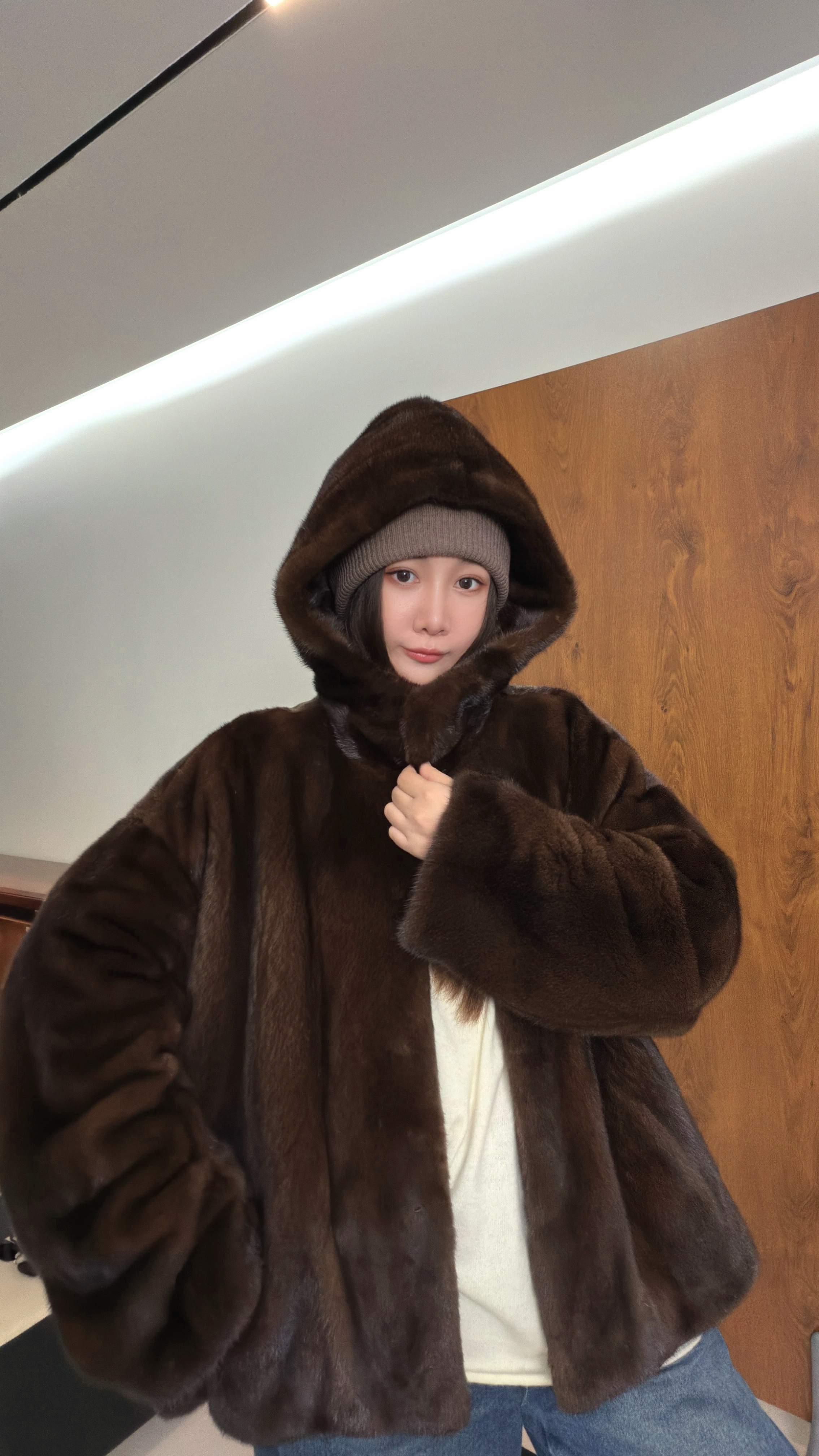 HERDERS “黑标水貂系列“中长款连帽水貂外套 256967