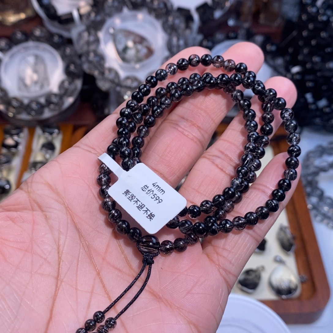 未镶嵌水晶手链黑发晶三圈4mm全透体满发蕾丝