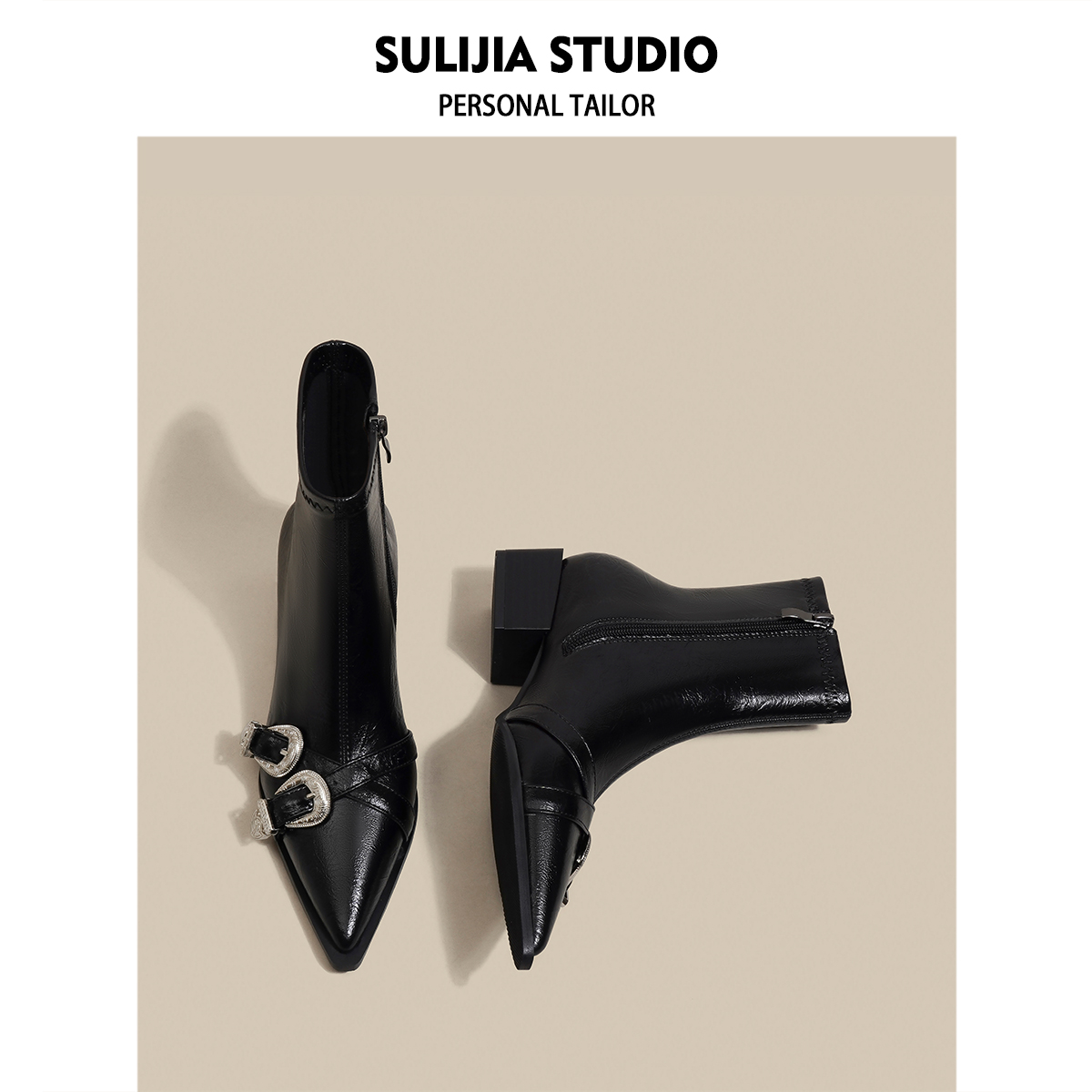酥梨家 黑色法式尖头短靴女2025新款复古低跟皮带扣粗跟廋廋单靴