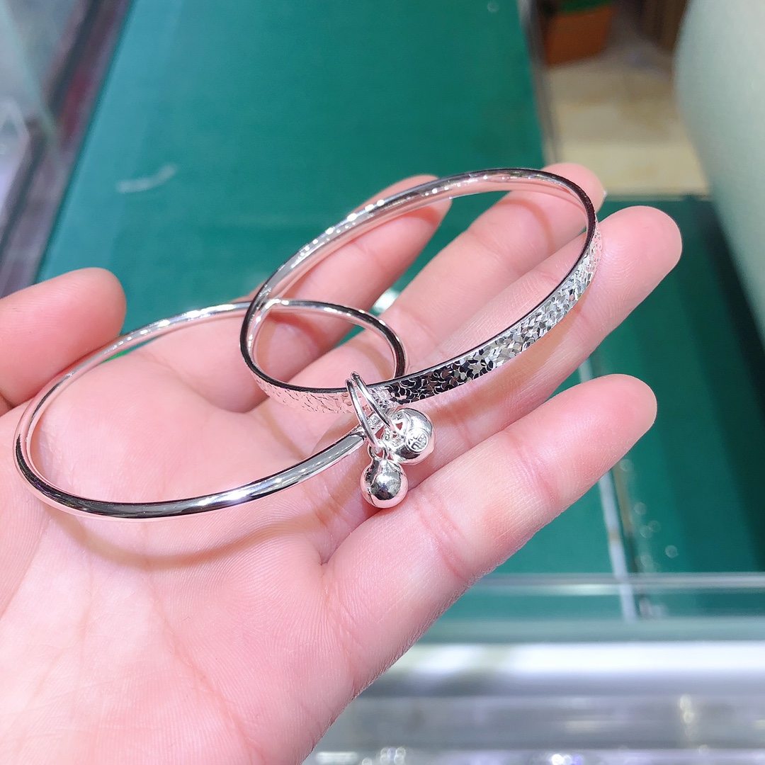 足银手镯 足银999.9碎碎冰双环手镯女正品实心亮面闭口时尚款