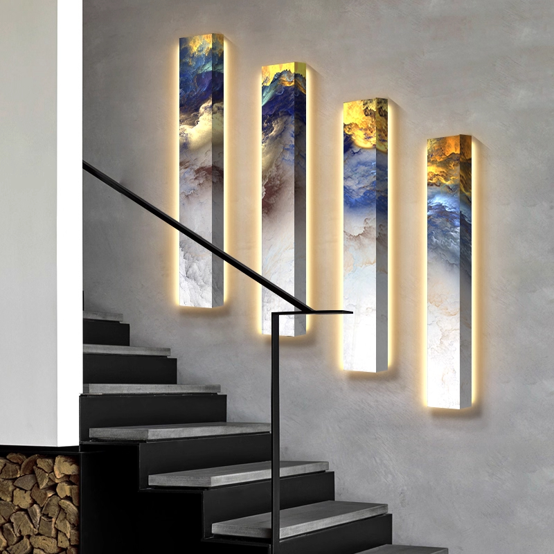 轻奢现代复式别墅楼梯窄长条竖版抽象云彩走廊过道发光装饰画