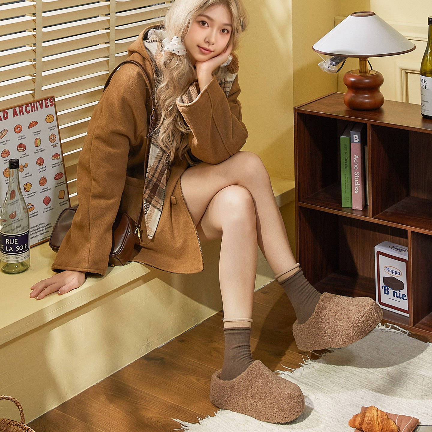 8067冬款新款简约时尚纯色厚底女款舒适棉拖鞋毛毛鞋一脚蹬