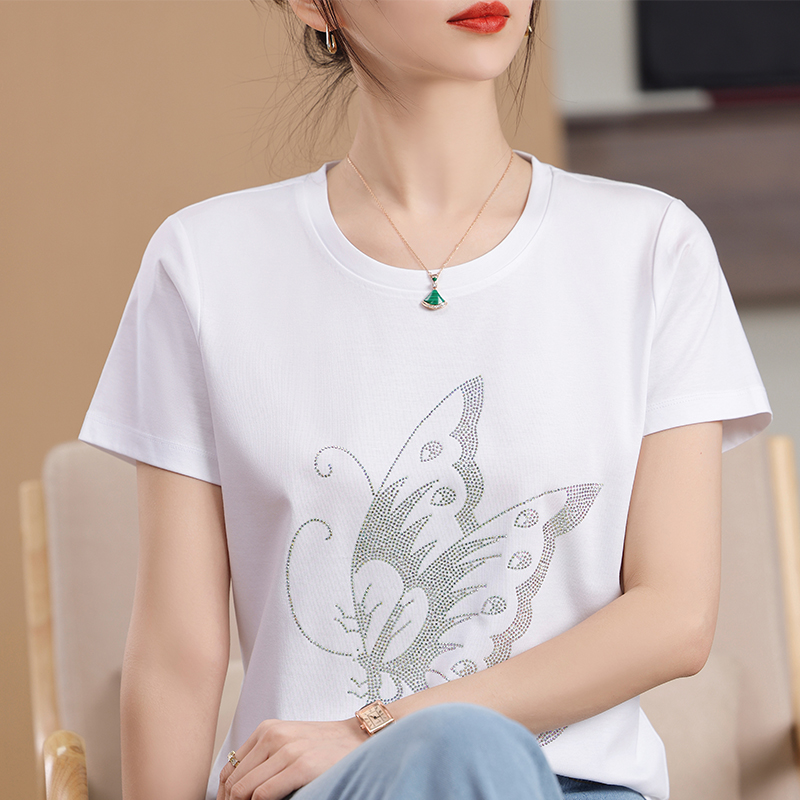 新款100纯棉短袖t恤女白色半袖夏季宽松体恤圆领上衣纯色打底衫