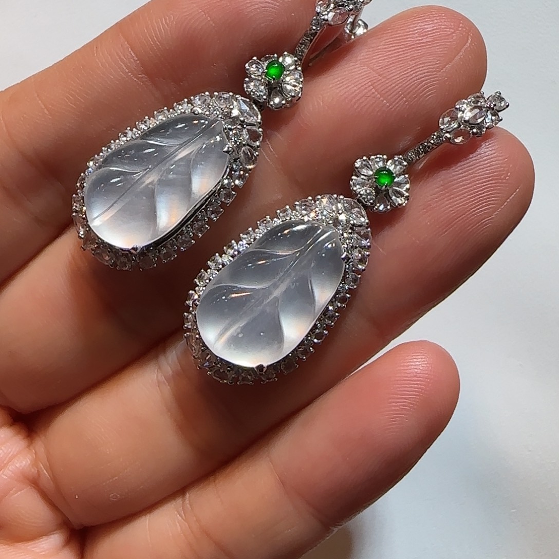 翡翠18K金镶嵌耳饰树叶耳坠