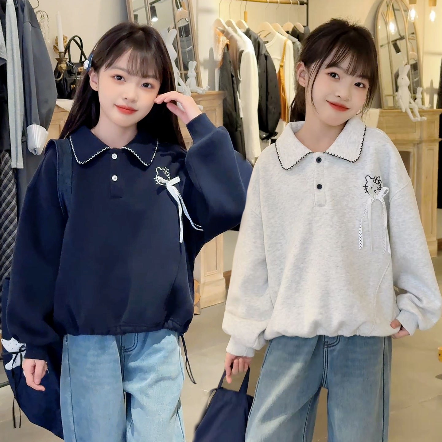 【现货】女童加绒休闲卫衣中大童高颜值花边领卡通保暖加厚上衣3850