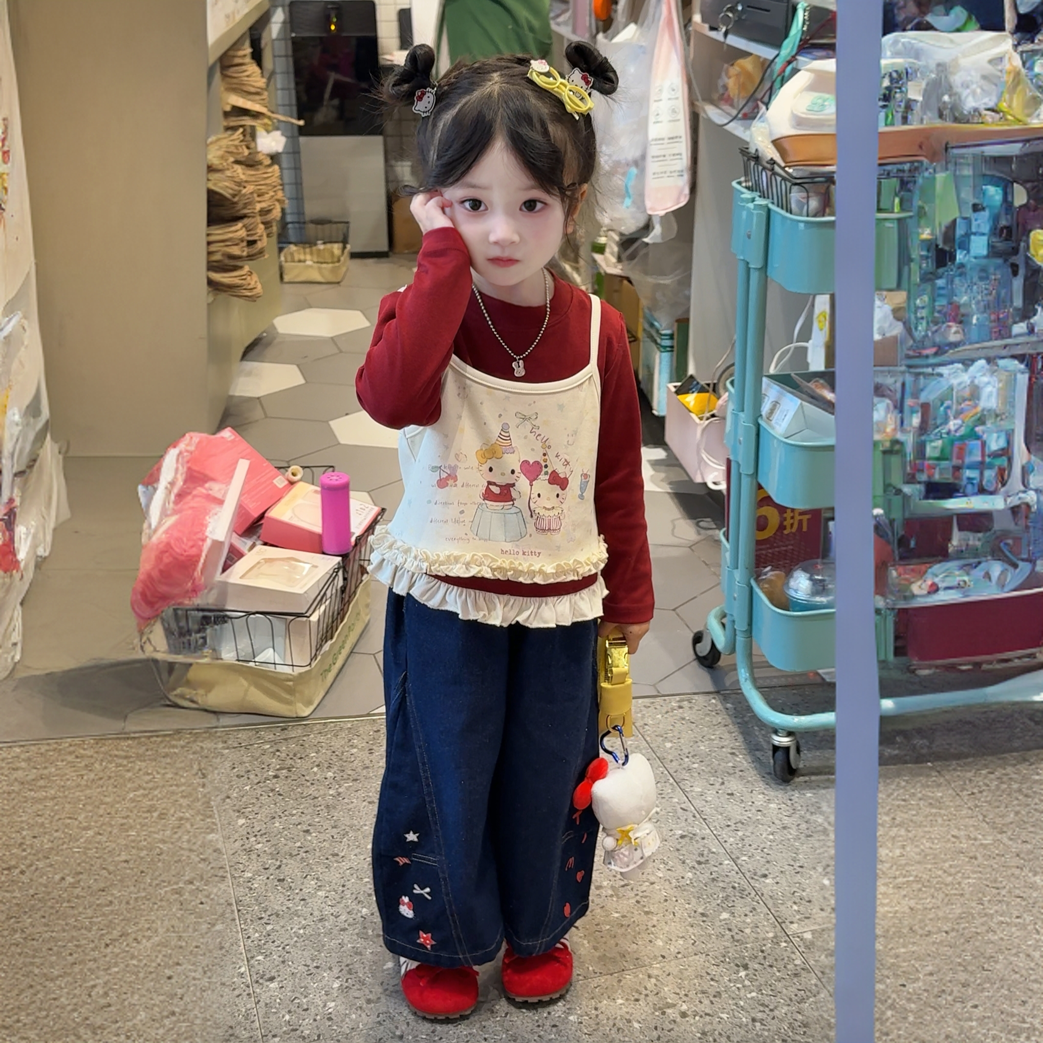 女童秋装套装2025新款韩系可爱叠穿吊带长袖T恤女宝宝牛仔裤套装