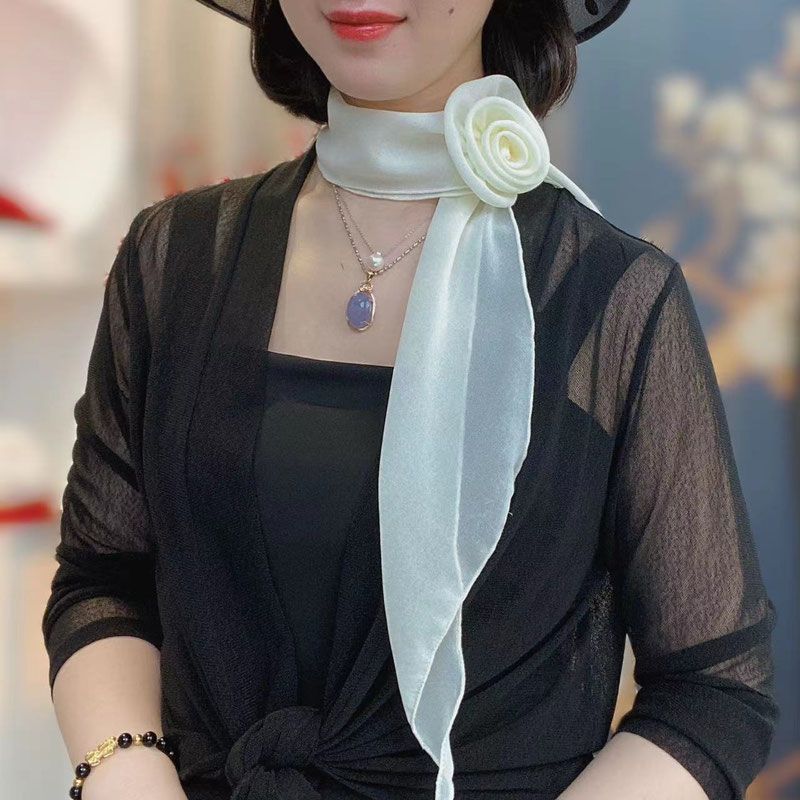 玫瑰花小丝巾夏季薄款百搭洋气围巾时尚气质旅游拍照13X130cm左右