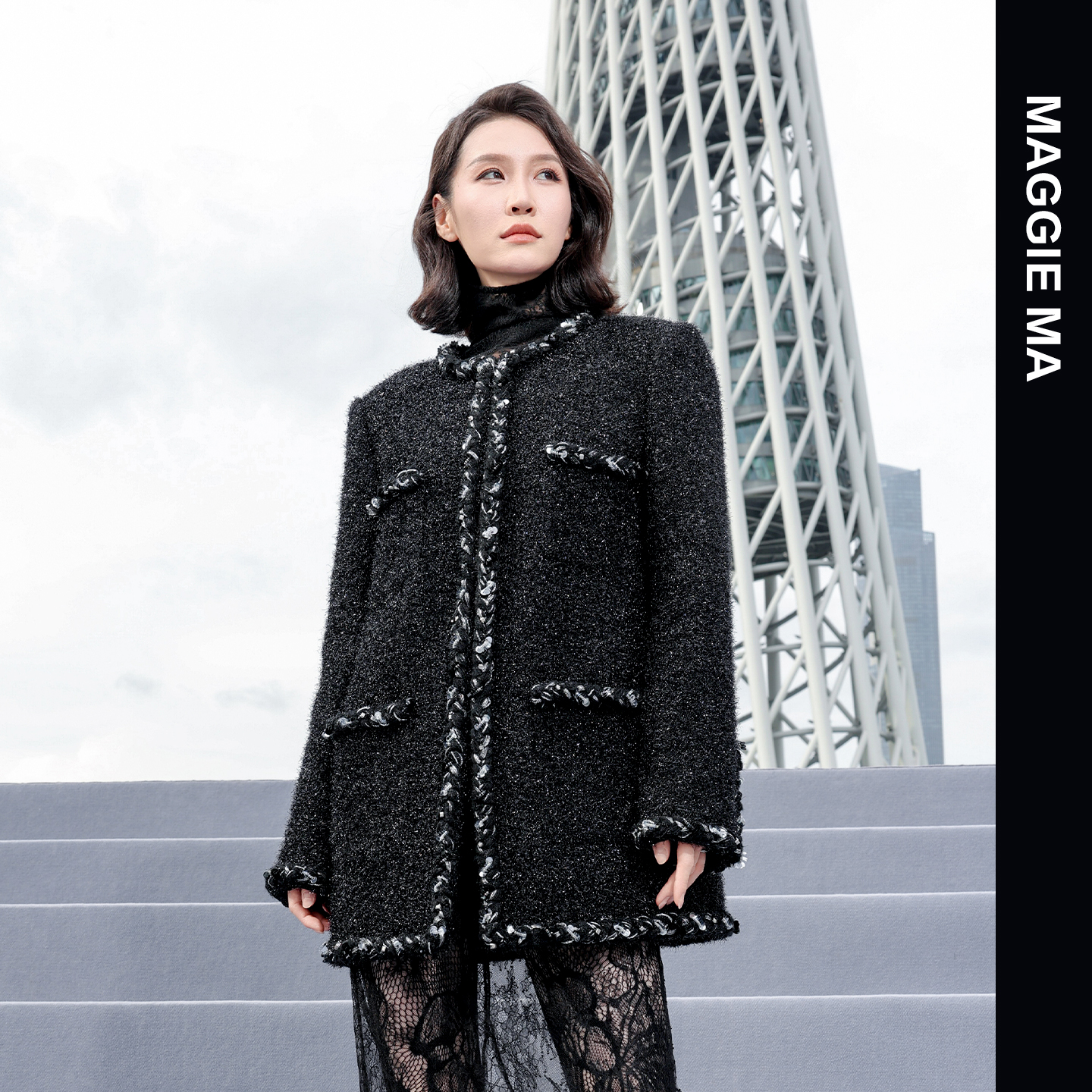 MAGGIE MA马婧「棱奢雅香」设计师款黑色银丝精致小香风外套655C