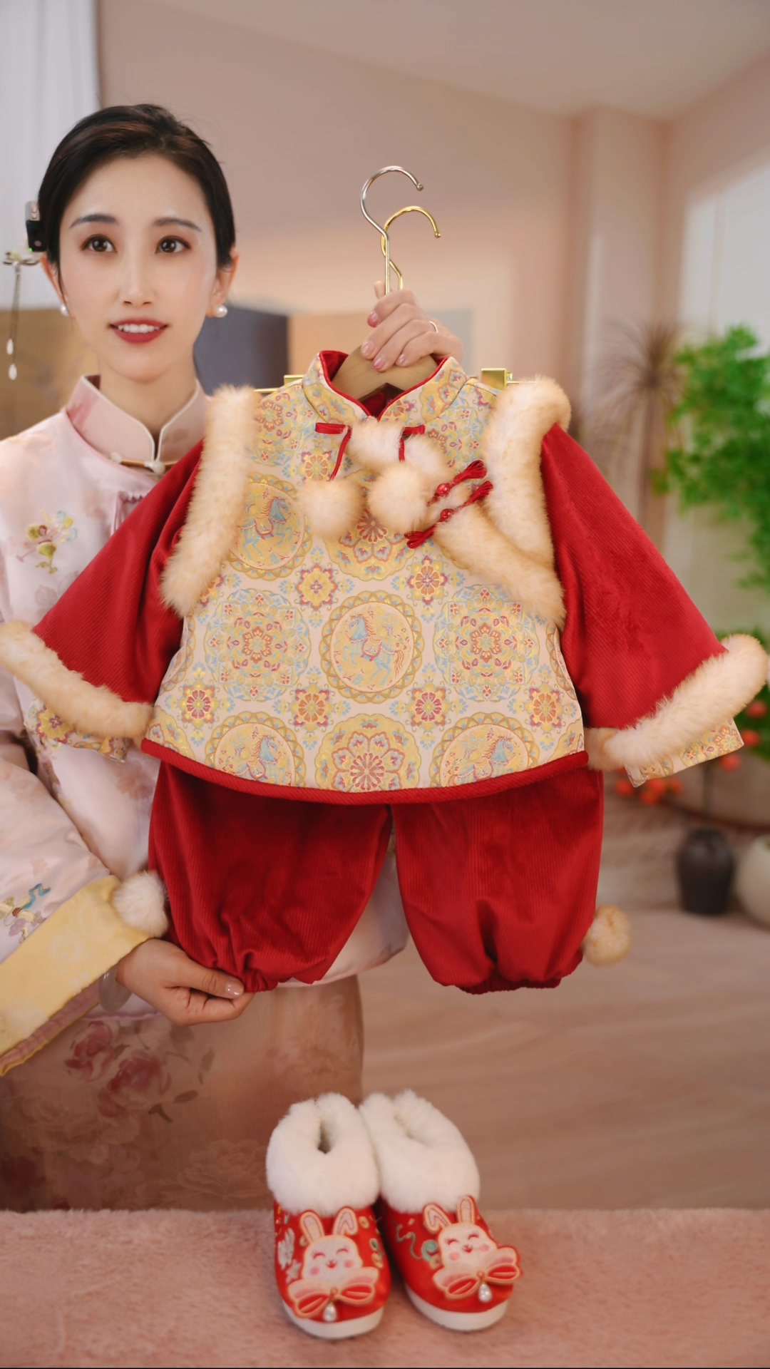 【马上有钱】SC730女童冬季国风加绒夹棉加厚新中式套装拜年服