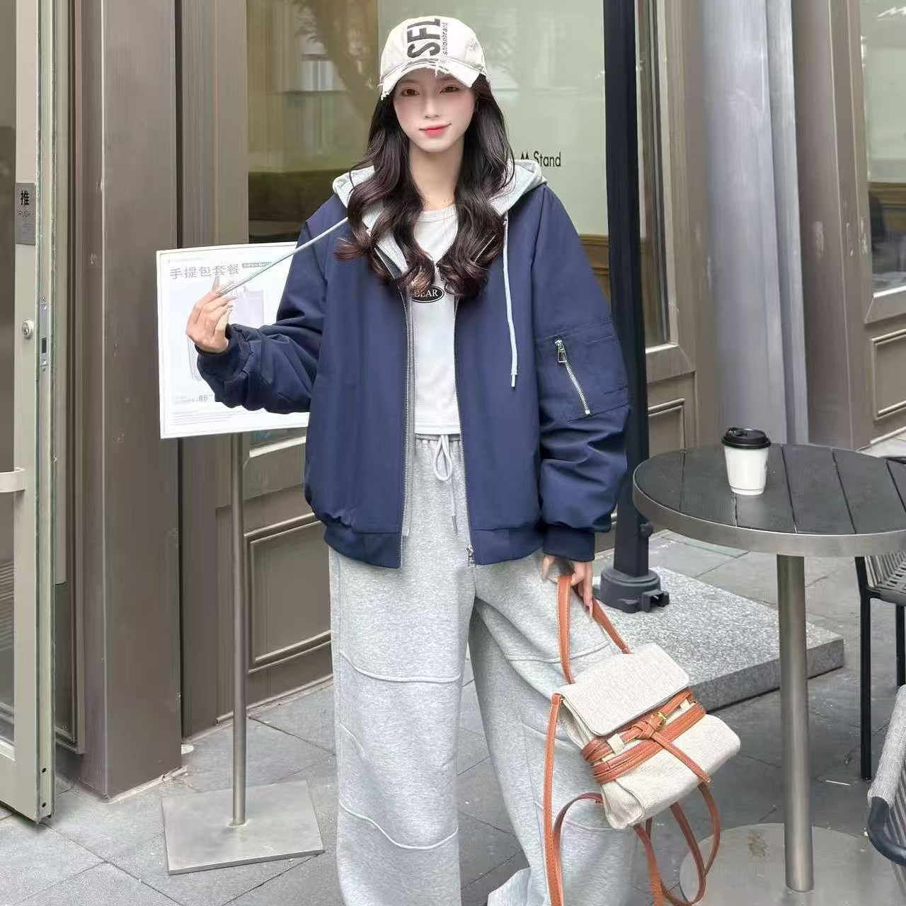 美式连帽假两件棒球服秋冬加厚韩版宽松棉衣286