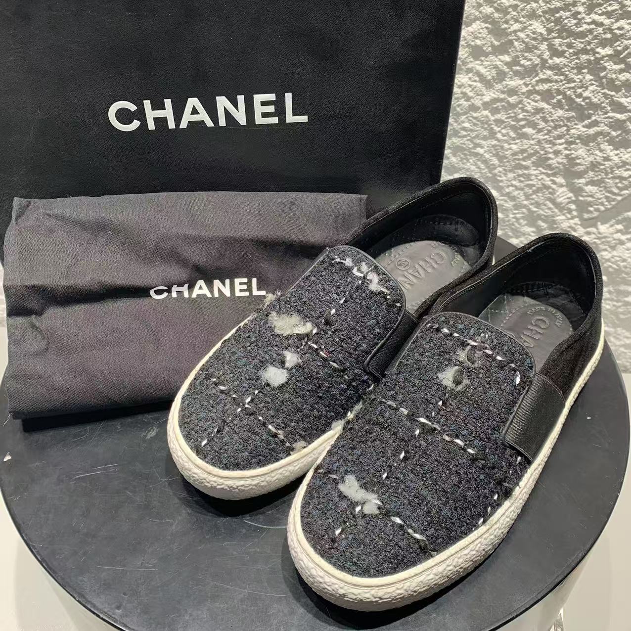 95新 Chanel/香奈儿 37码/Seven/全套/黑色粗花呢一脚蹬板鞋  850