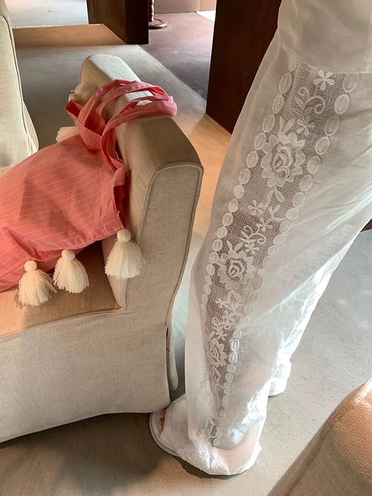 LILULU 轻奢风亚麻 刺绣工艺休闲阔腿裤亚麻