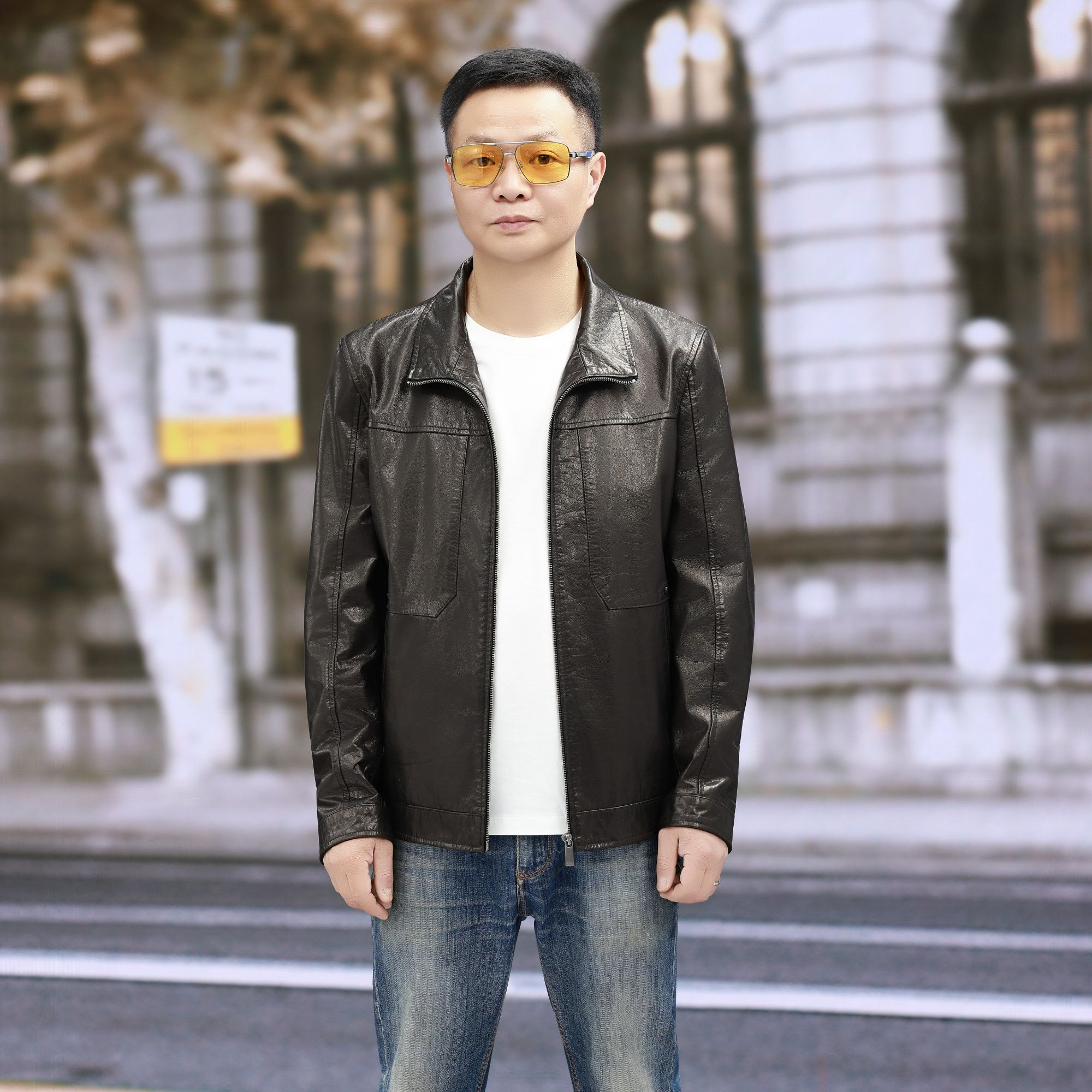 25083新款翻领油蜡牛皮立翻领男真皮皮衣休闲时尚修身短款