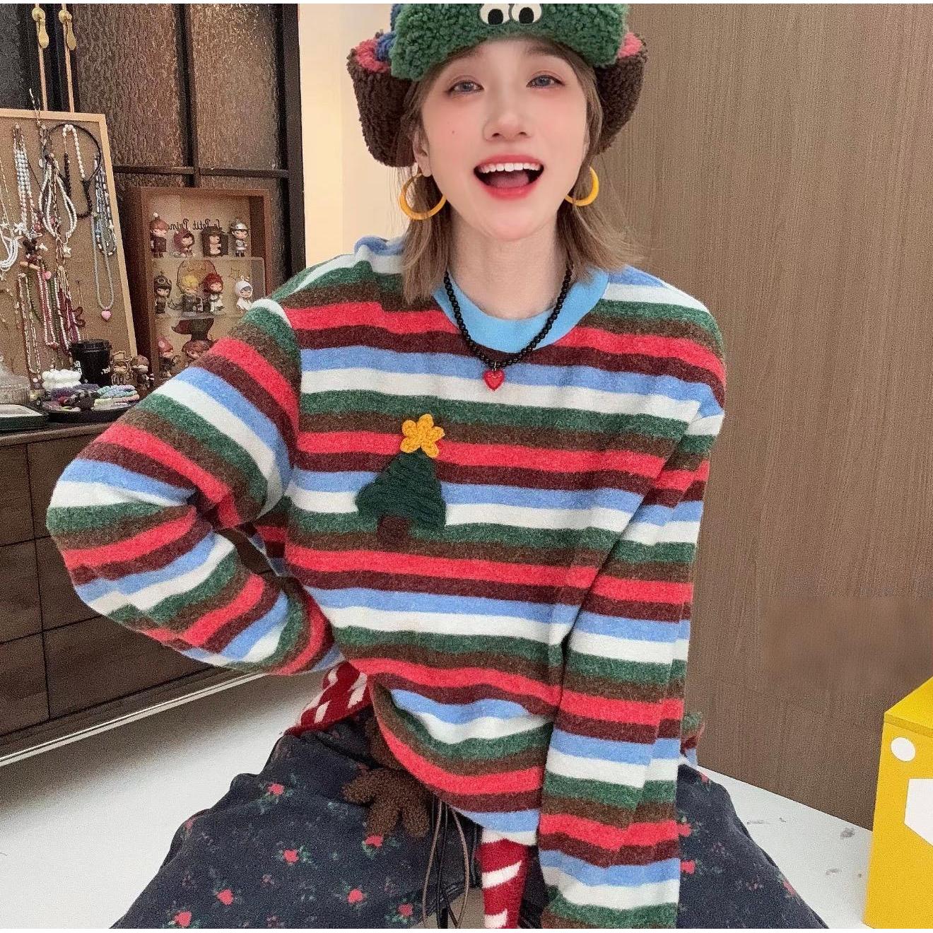 【羊毛&圣诞树长袖打底Tee】秋冬新款圆领氛围感圣诞树长袖TDF555