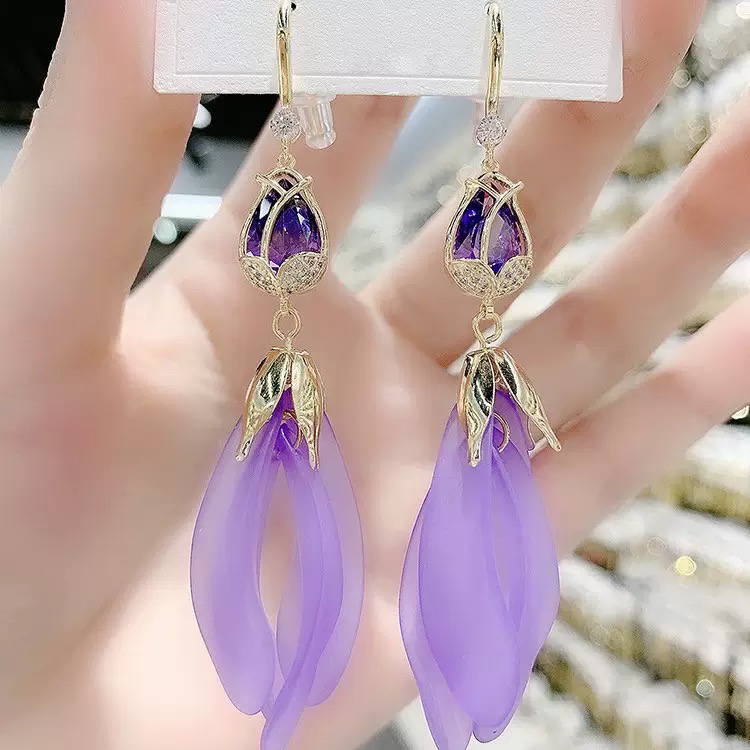 铜合金耳饰 925银针新年红色郁金香花瓣流苏时尚气质白搭耳环