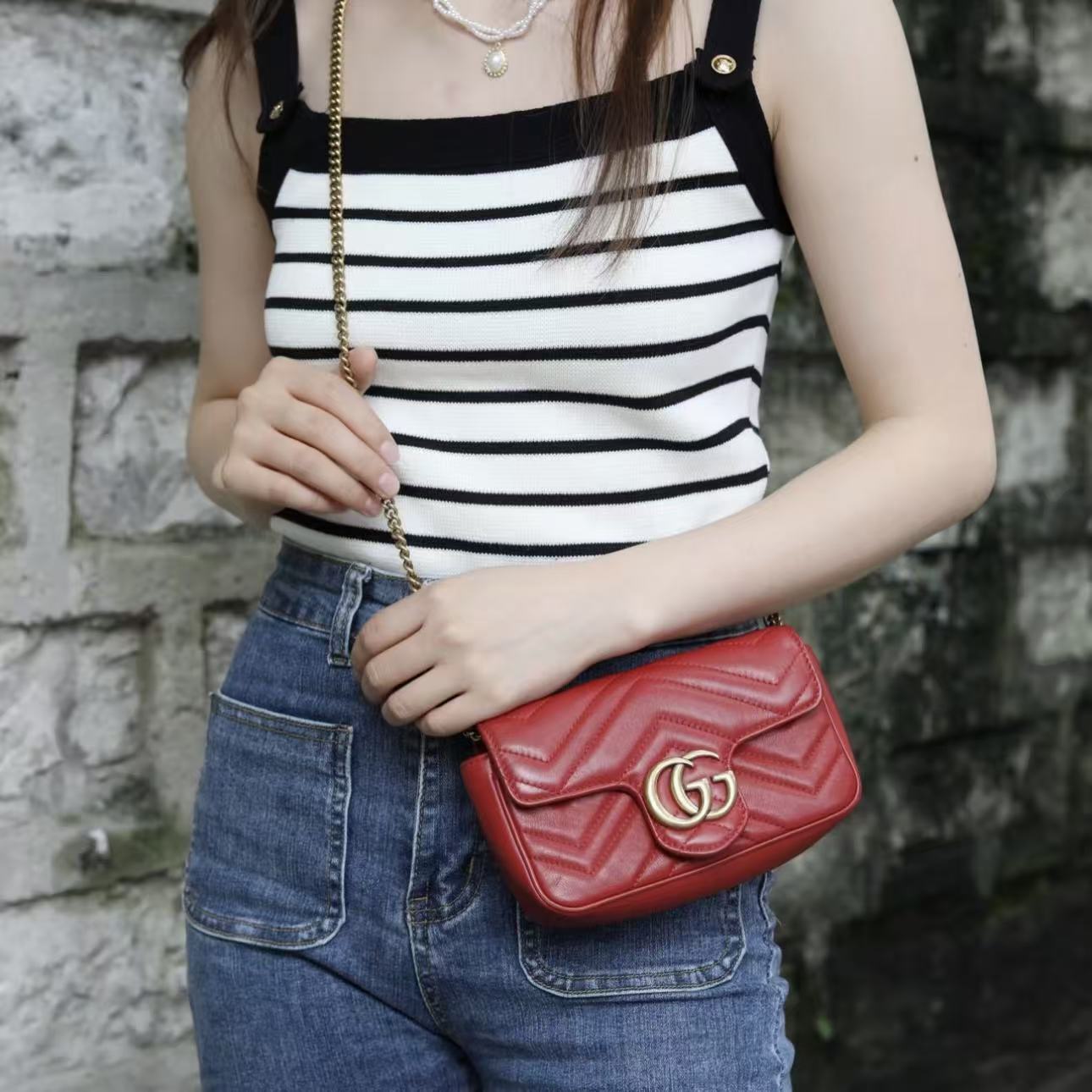 95新 GUCCI/古驰 马蒙/mini/红色/单肩斜挎链条包