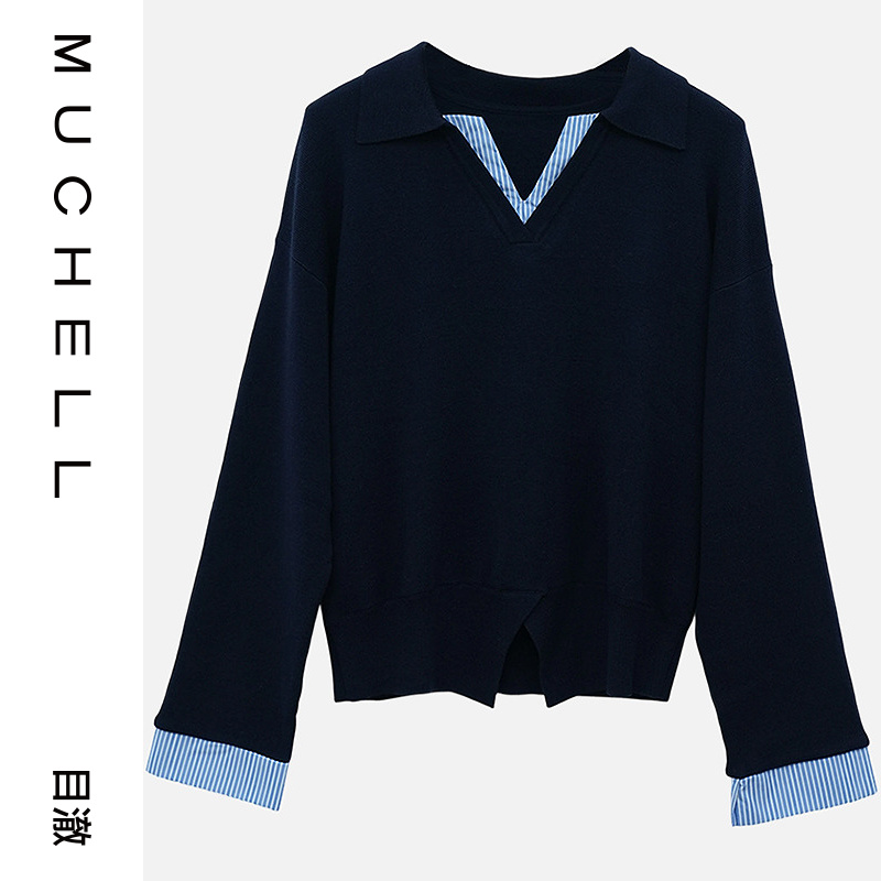 目澈MUCHELL秋新款【青白之契】大码假两件撞色针织衫MDS4SD8532