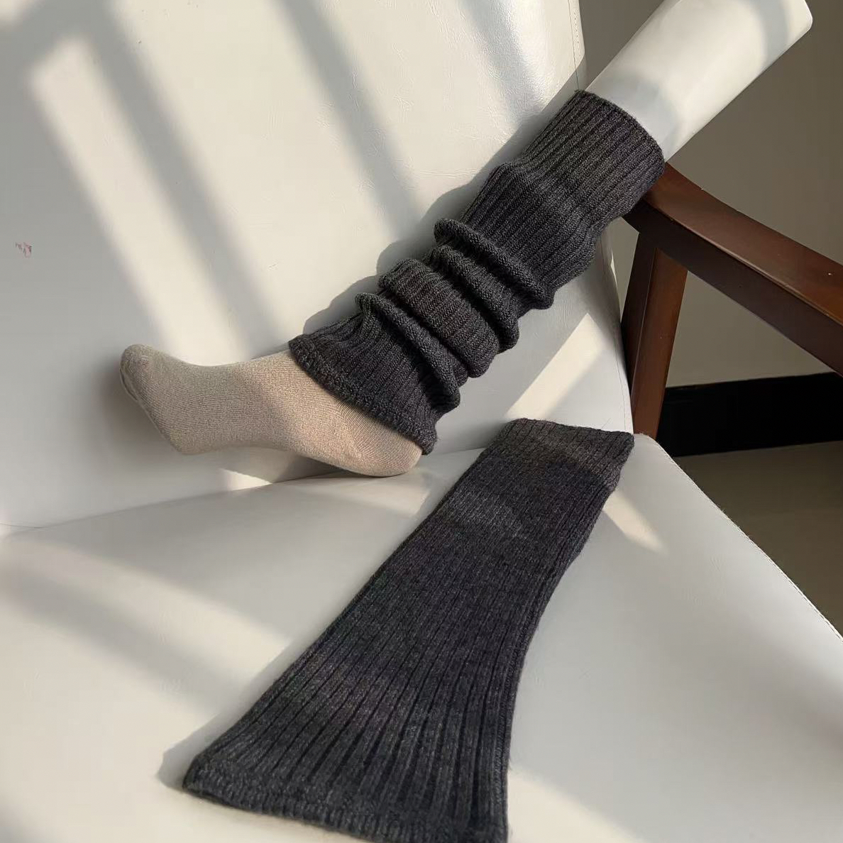 美式复古堆叠烟灰色羊绒袜套女秋冬季时髦潮酷百搭咖啡色针织腿套