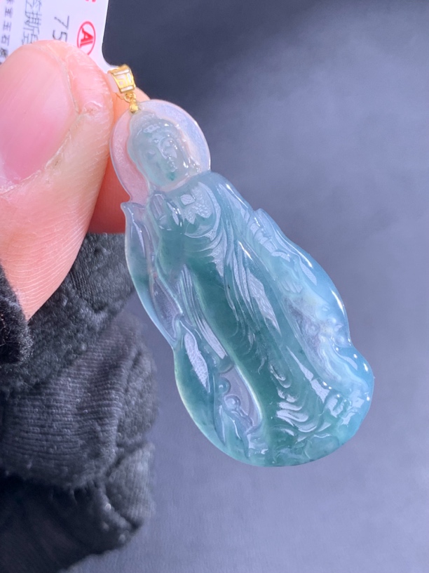 天然A货翡翠18K金镶嵌大日如来75391时尚气质女款吊坠挂坠精雕