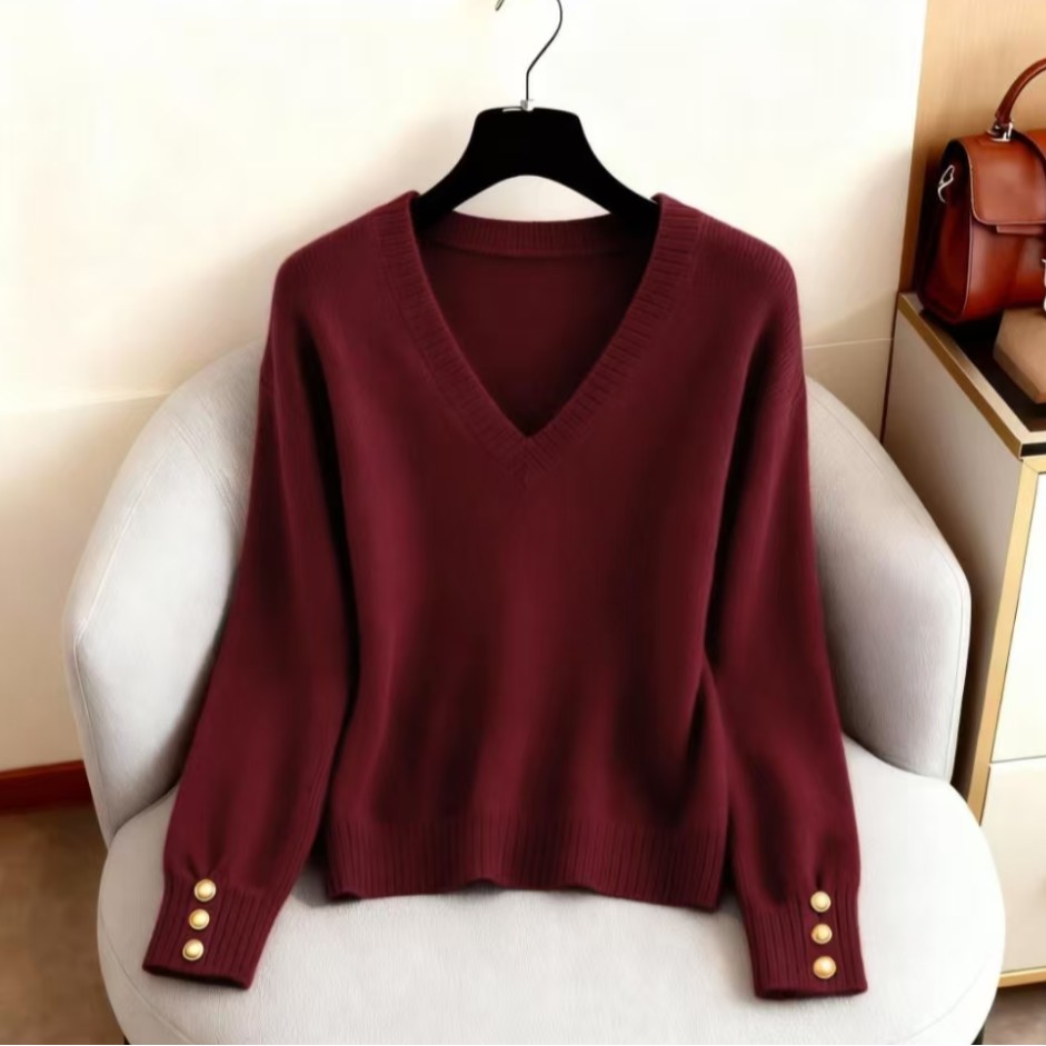 圣诞新年红色V领针织毛衣女2025秋冬季大码胖MM修身显瘦内搭上衣