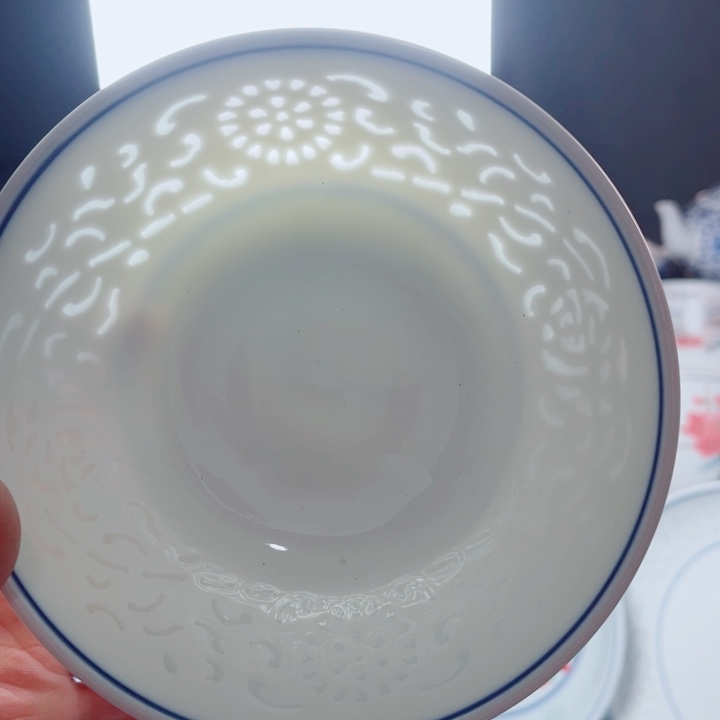 青花玲珑5寸饭碗满雕双福双线