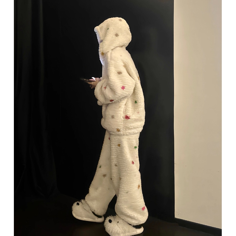 甜美可爱彩色波点连帽珊瑚绒睡衣女款2025新款冬季加厚保暖家居服