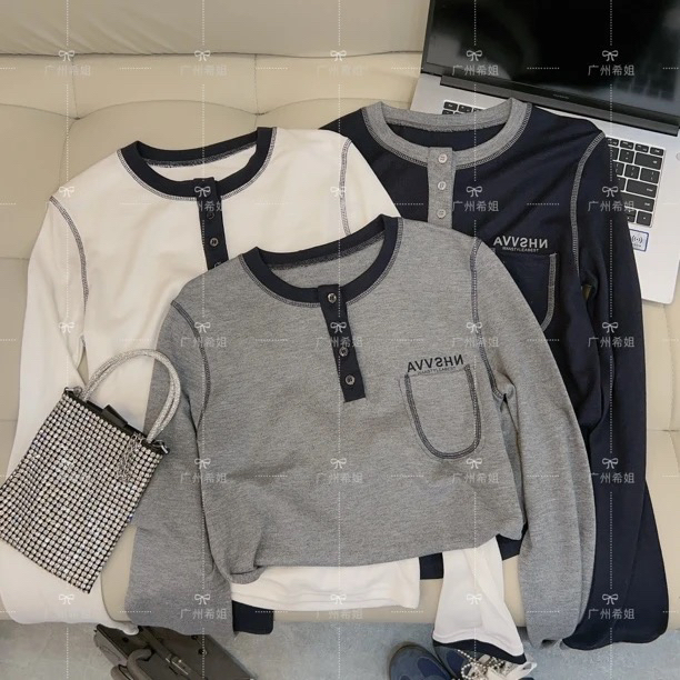 现货 撞色拼接修身显瘦长袖T恤女百搭打底衫上衣