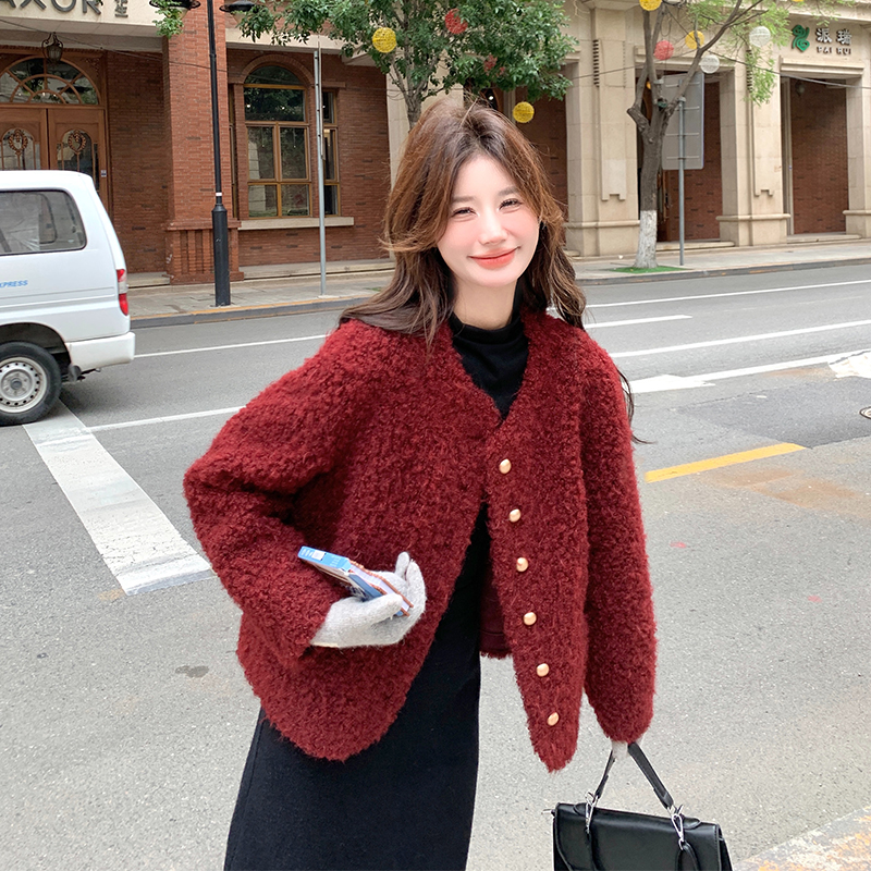 安可拉红羊羔毛外套女冬季2025新款韩系设计感皮毛一体毛绒上衣