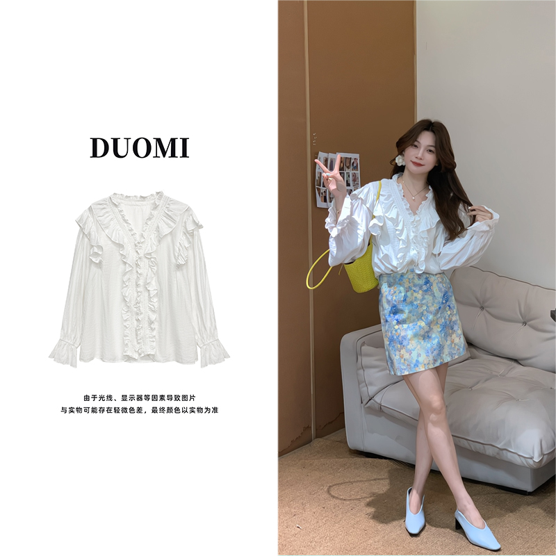【DUOMI】夏季新款女装百搭时尚小衫上衣白色拼花边女衫D7025