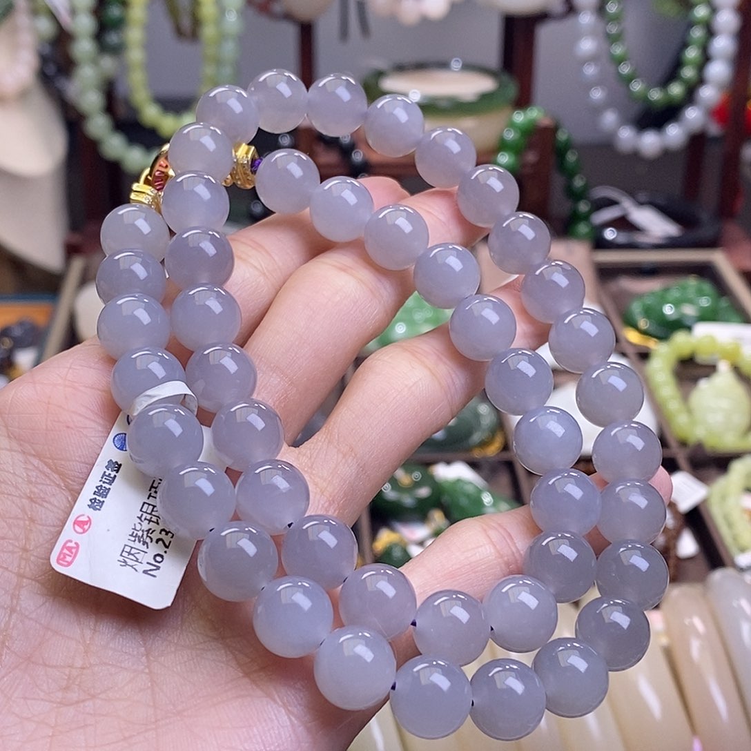 和田玉高冰银镶烟紫妈妈链10MM未镶嵌