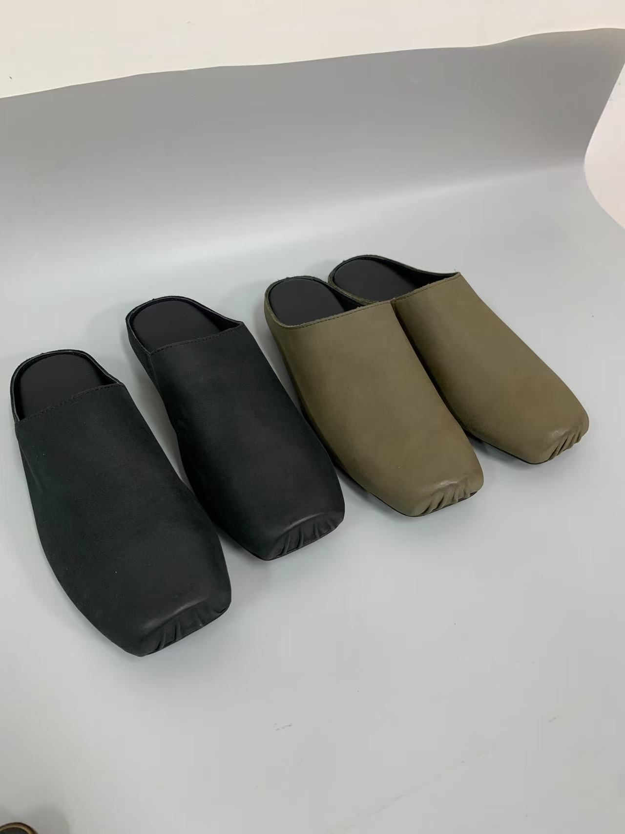 WANG欧美外贸包头复古低跟拼色包头拖全真皮凉拖软底职场休闲风