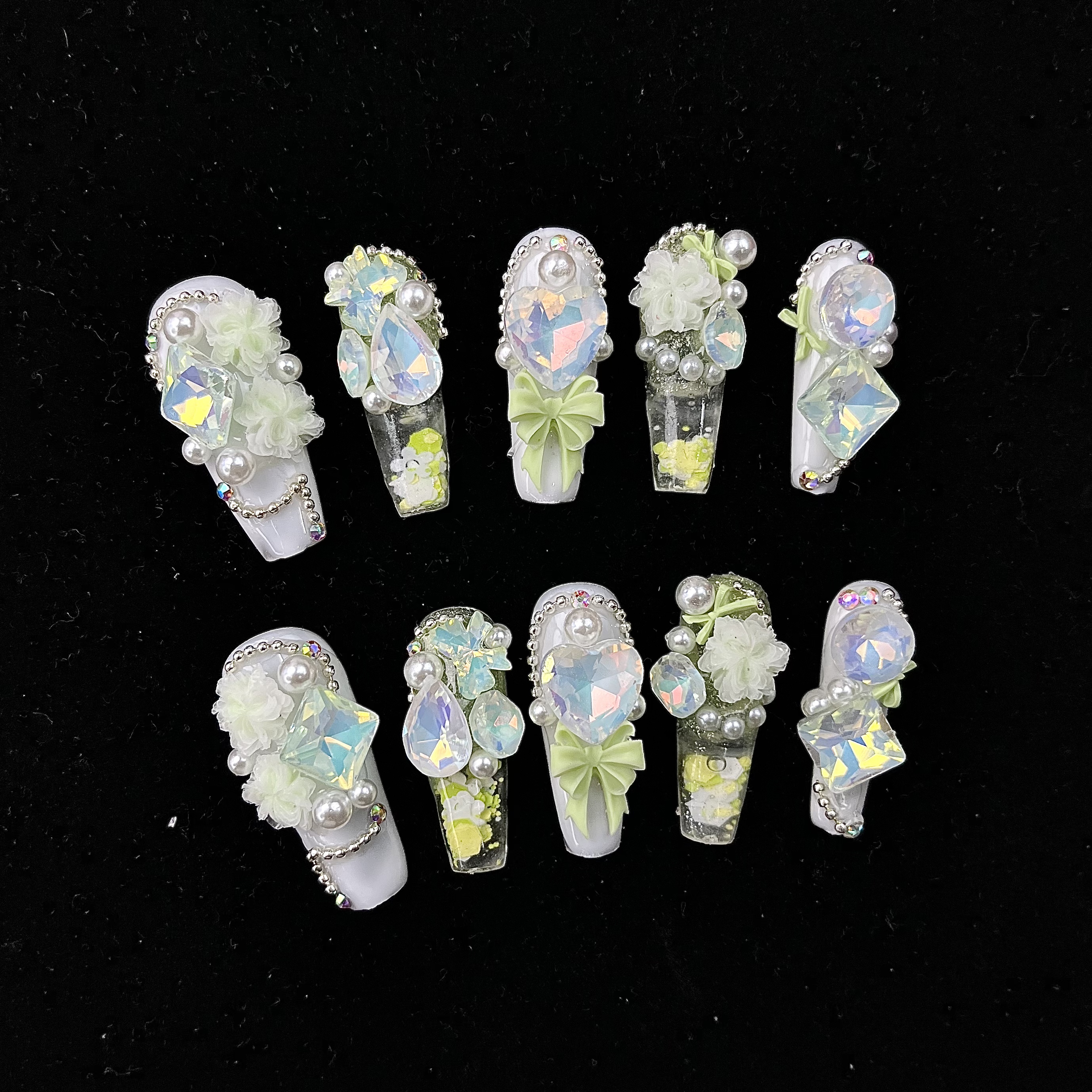 【BAO清新】3.0T绿色流麻纯手工穿戴甲夜光仙女款可爱显白日常