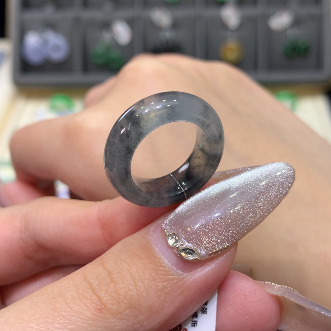 翡翠戒指未镶嵌7-8冰乌鸡