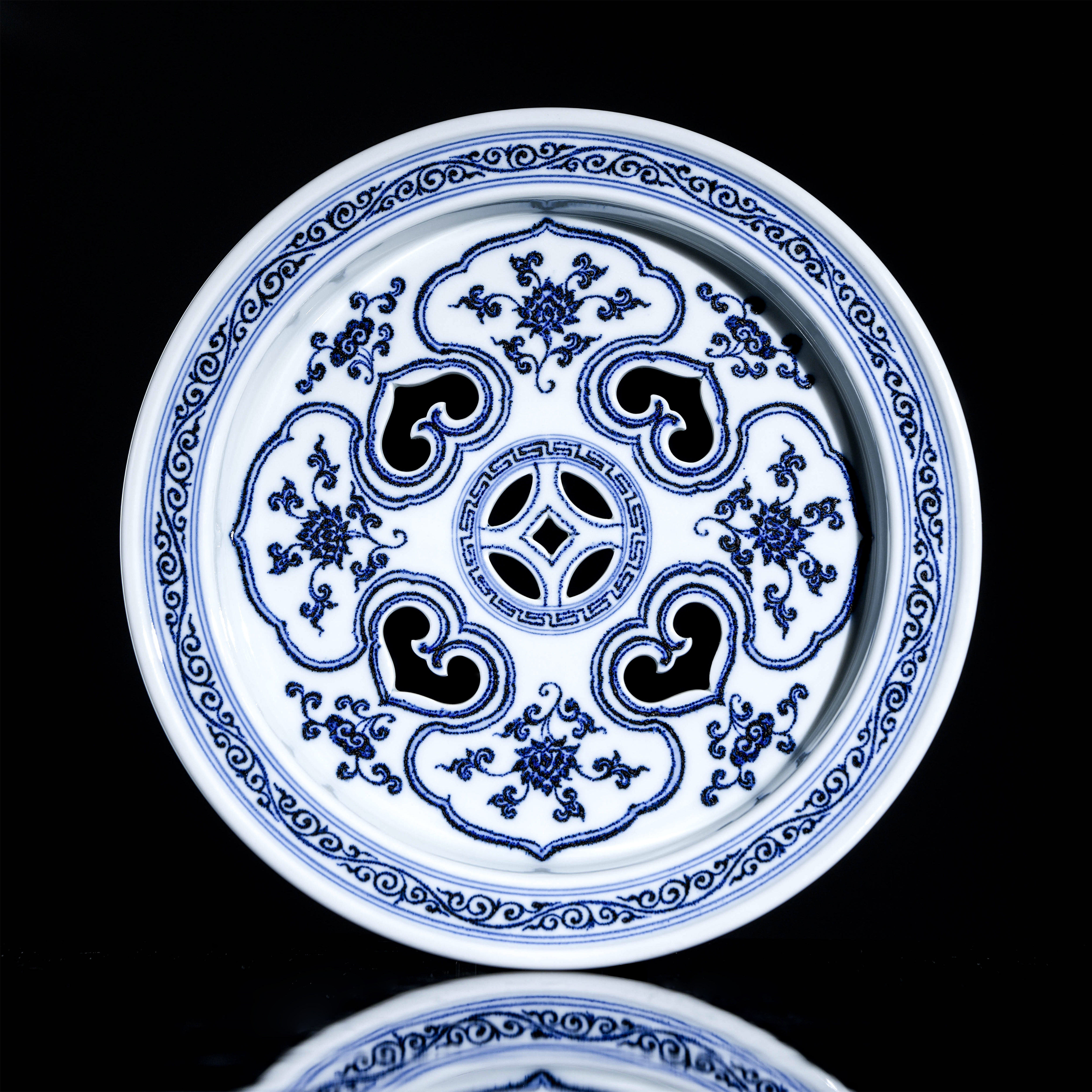 且斋慕明青花如意缠枝花卉双镂空大号水洗壶承直径20高6.3茶具