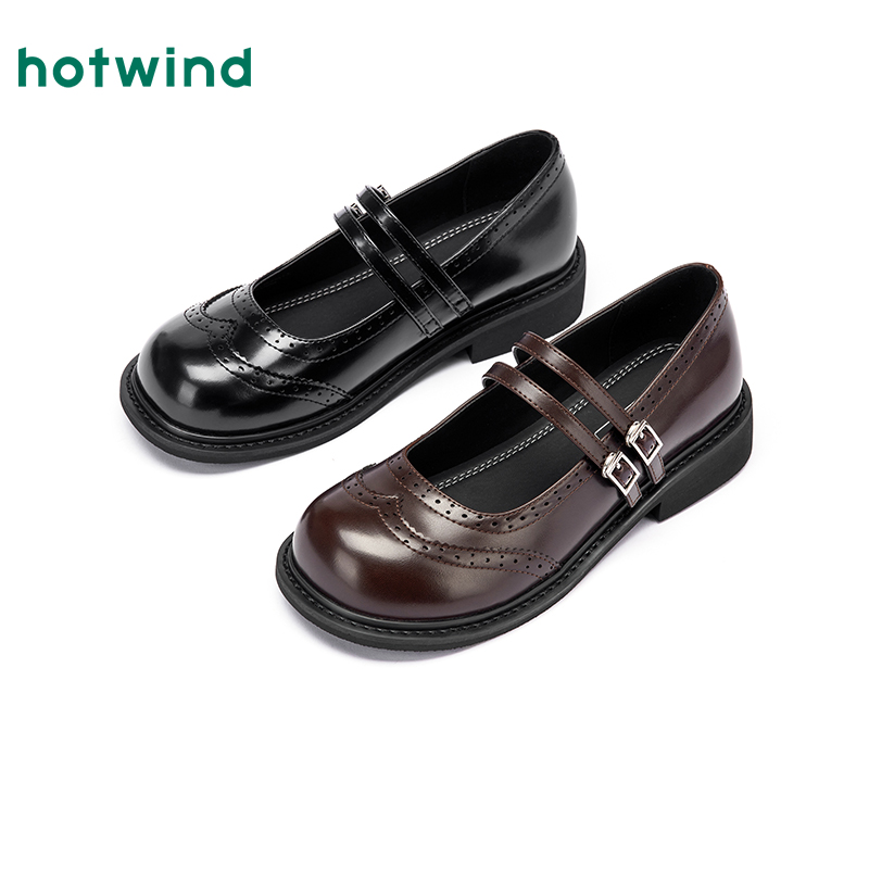 热风2025年秋季新款玛丽珍英伦风小皮鞋配裙子粗跟单鞋H28W25302