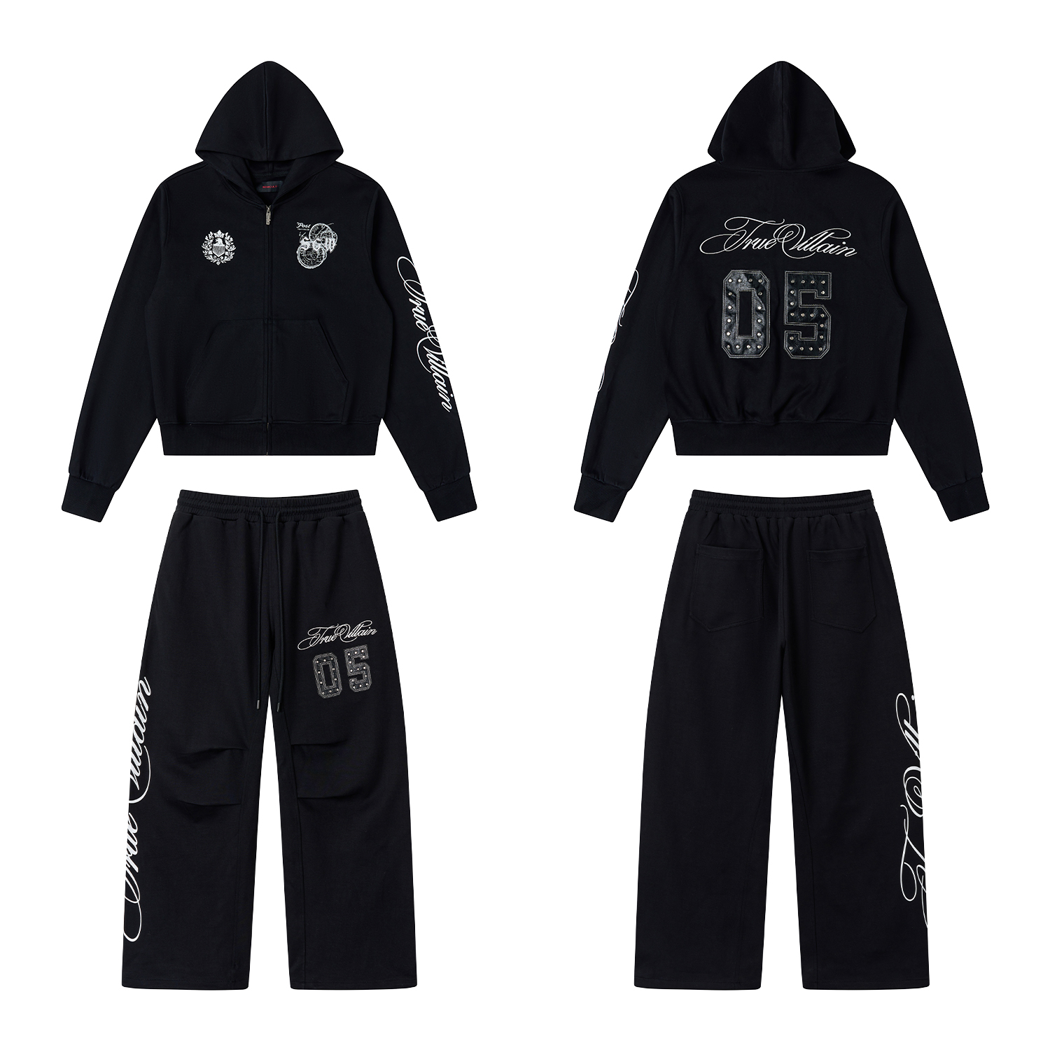 SGWCULT「True Villain」重工铆钉贴皮刺绣印花卫衣外套长卫裤套装
