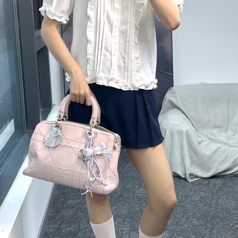 95新 DIOR/迪奥 粉色菱格纹波士顿包Ss