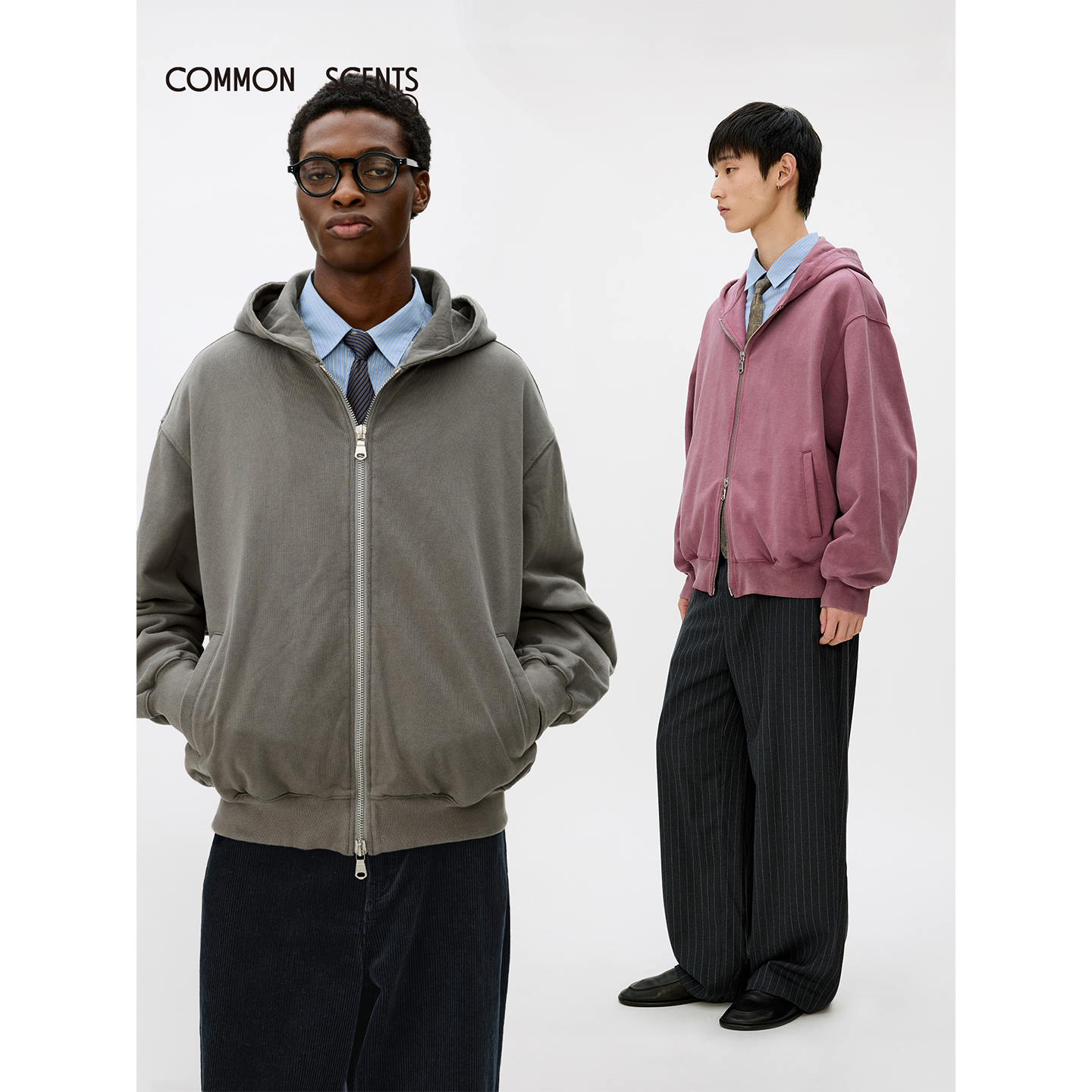 COMMON SCENTS水洗炒色做旧重磅470g/m²全棉拉链连帽开衫卫衣