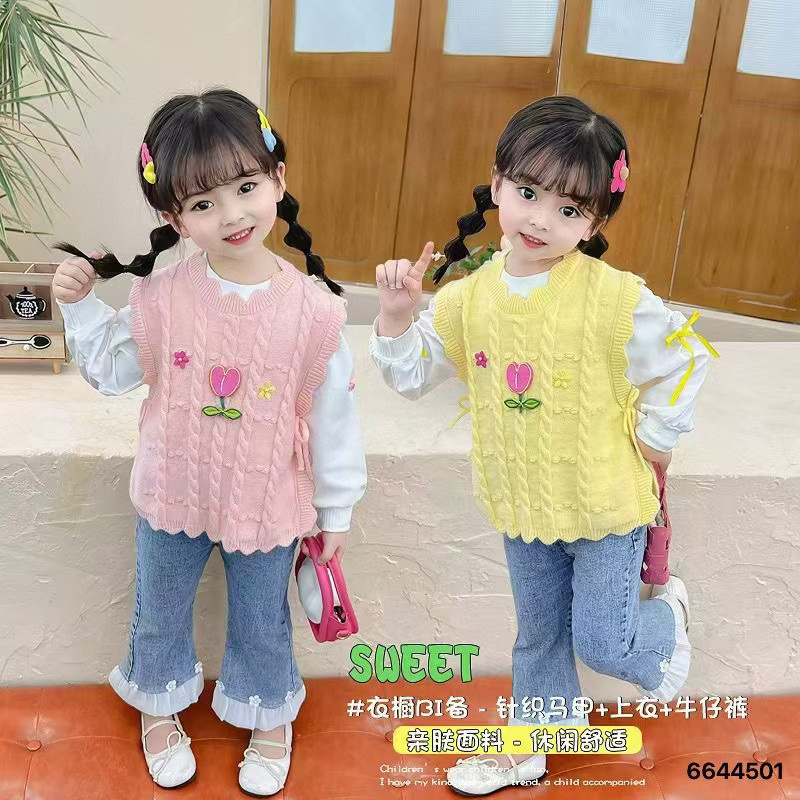 女童背心套春装外搭新款女孩韩版纯色针织马甲牛仔三件套